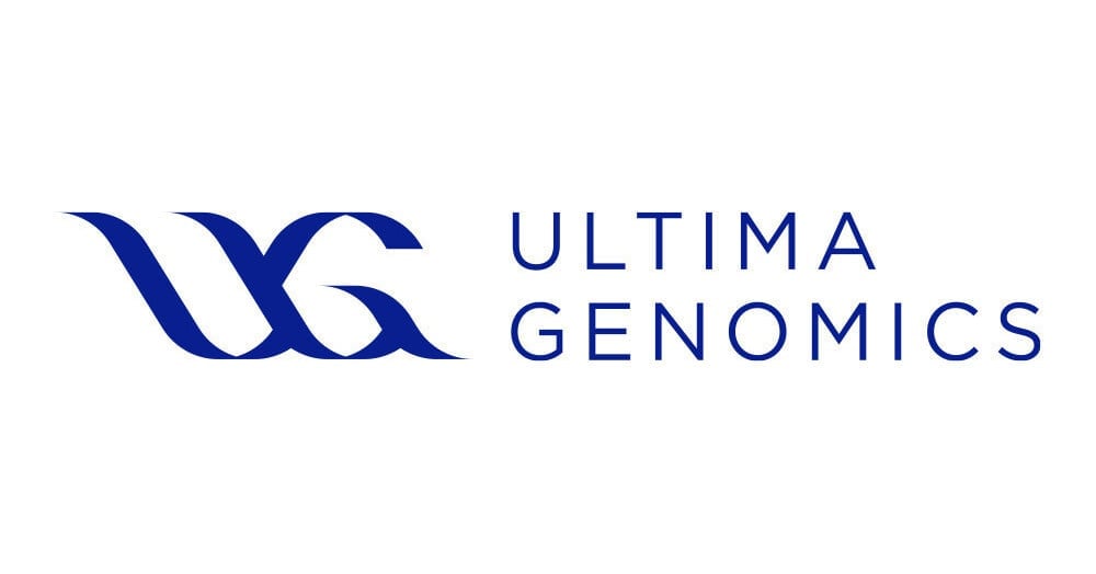 Ultima Genomics logo with blue stylized letters and company name